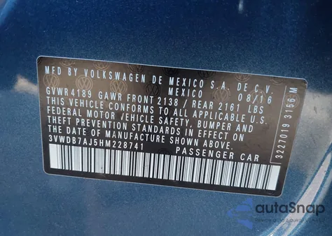 2017 Volkswagen Jetta 1.4T Se из США, поврежденный, VIN 3VWDB7AJ5HM228741